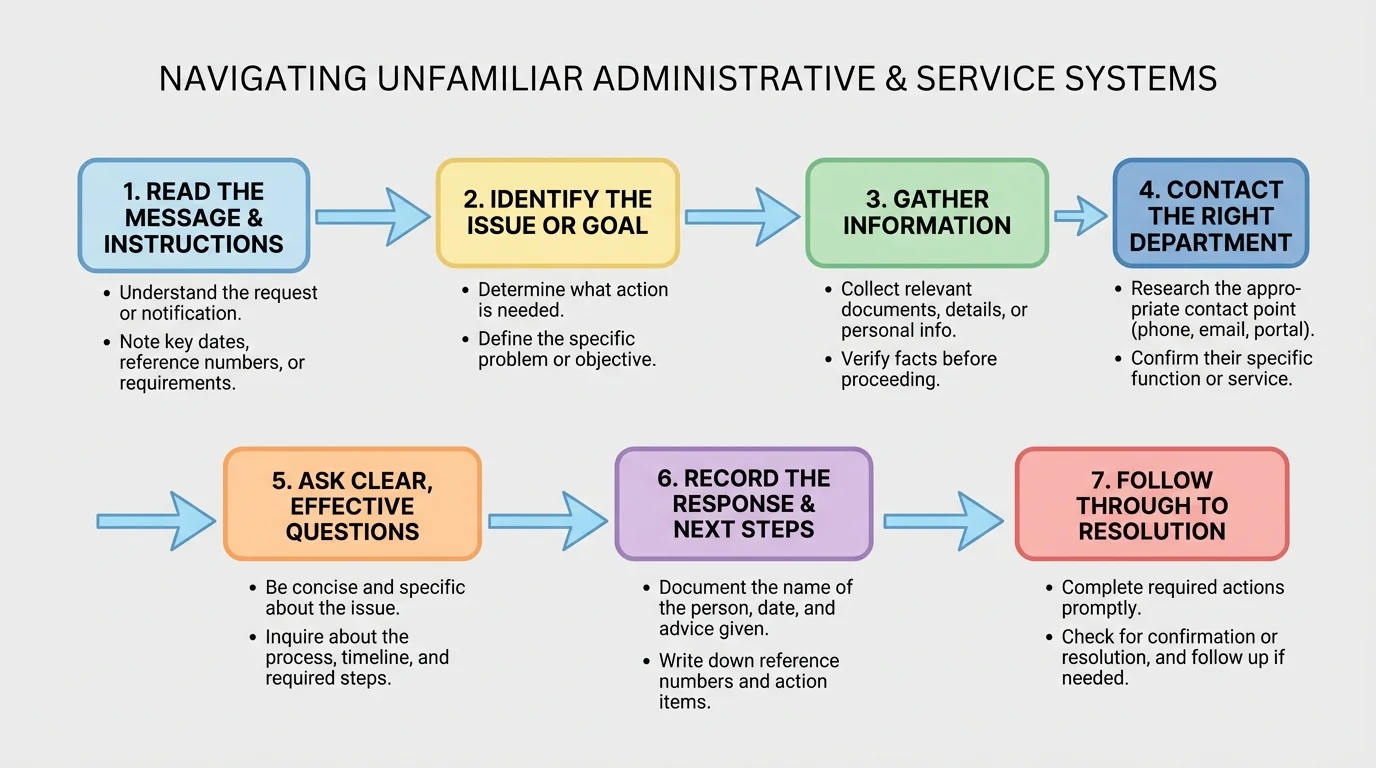 Flowchart showing read the message, identify issue, gather information, contact the right department, ask clear question, record response, and follow up to resolution