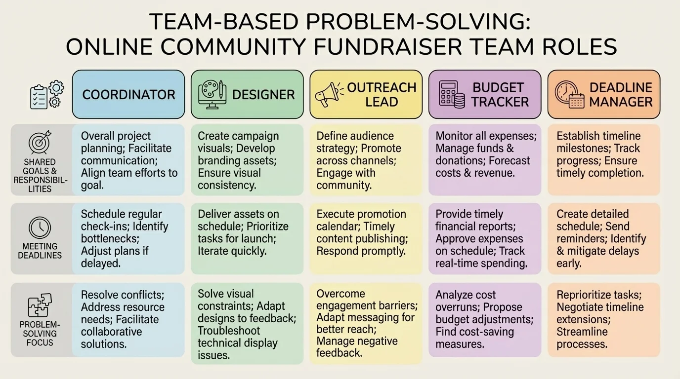 Chart comparing roles in an online community fundraiser team: coordinator, designer, outreach lead, budget tracker, and deadline manager with key tasks