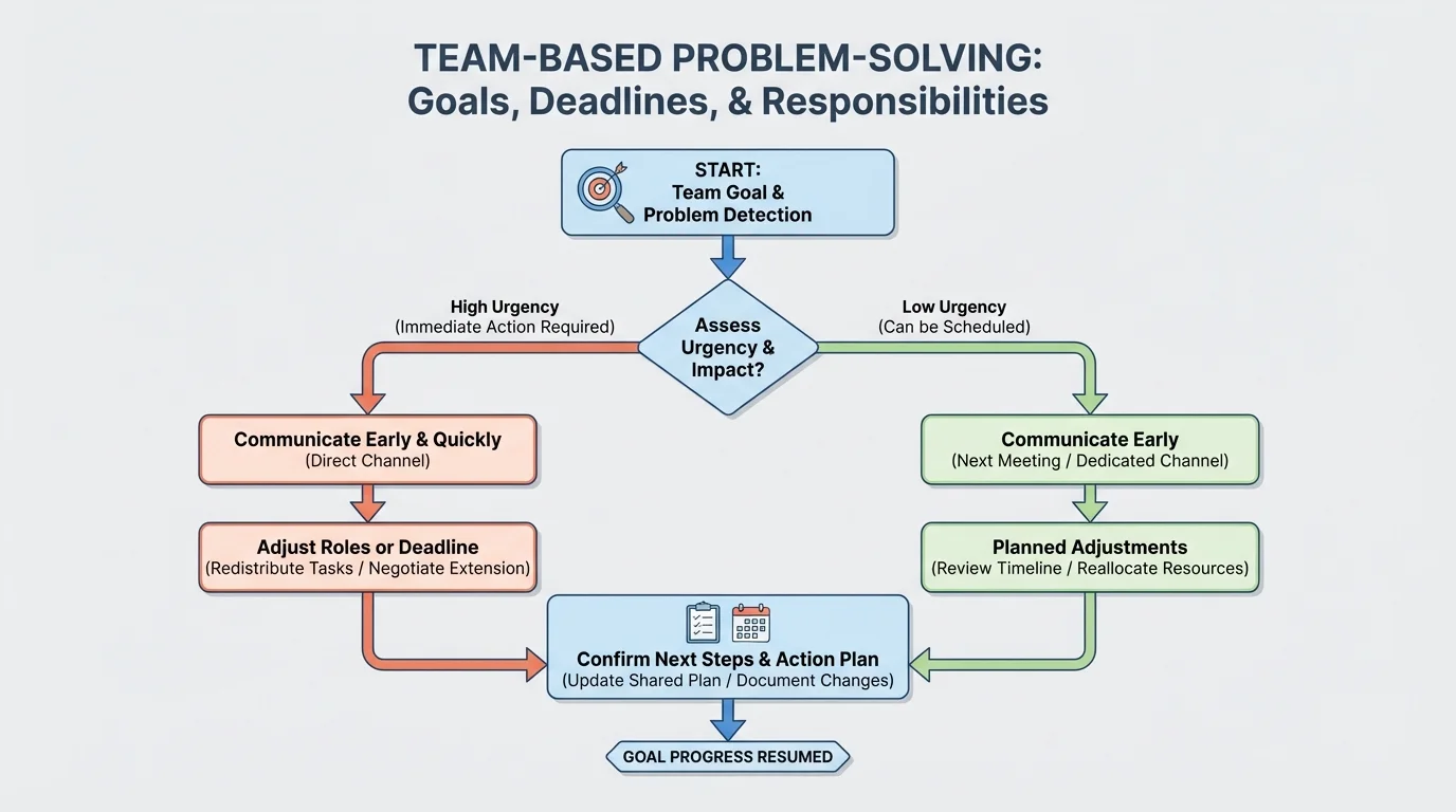 Decision tree for a team problem: identify issue, assess urgency, communicate early, adjust roles or deadline, confirm next steps