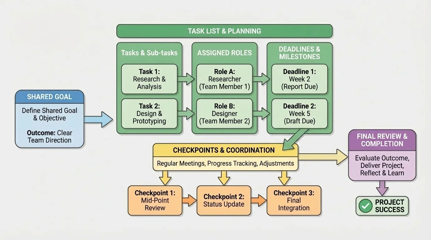 Flowchart showing a team project plan moving from shared goal to task list, assigned roles, deadlines, checkpoints, and final review