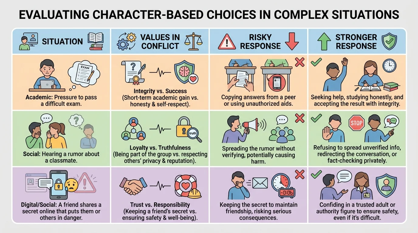 chart with columns for situation, values in conflict, risky response, stronger response, using examples like cheating, gossip, and unsafe secrets