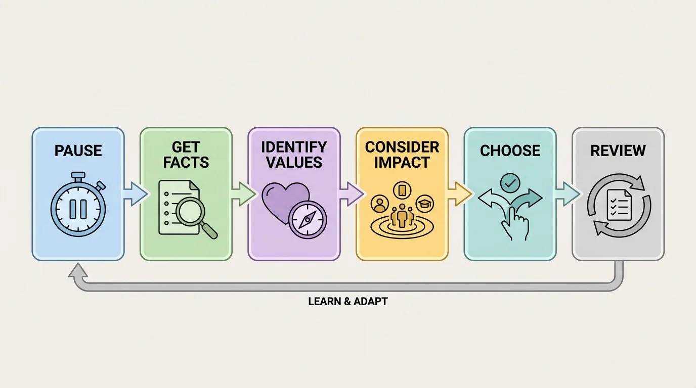 flowchart showing a student decision process with boxes labeled pause, get facts, identify values, consider impact, choose, review