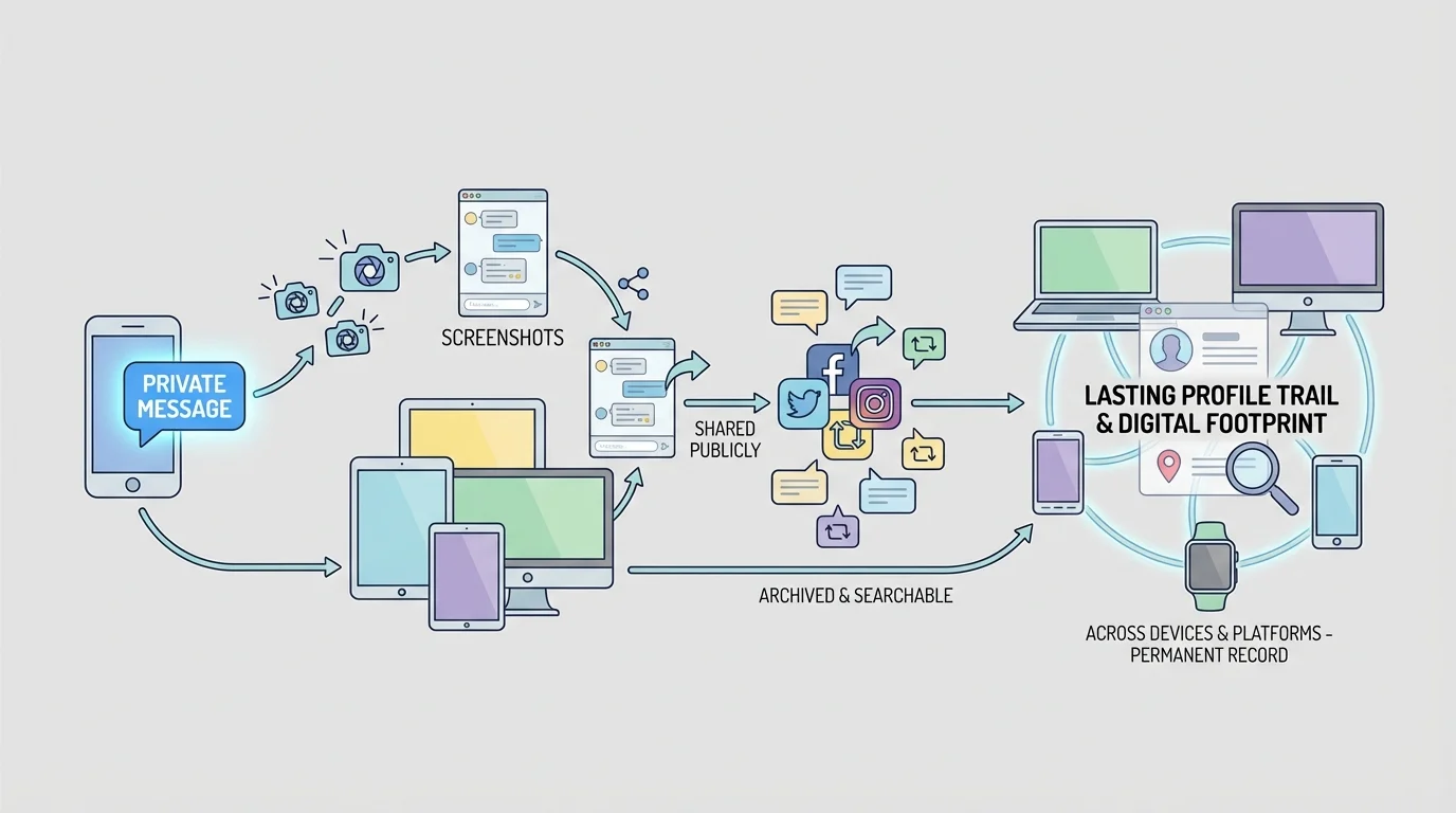 illustration of a private message turning into screenshots, reposts, comments, and a lasting profile trail across devices