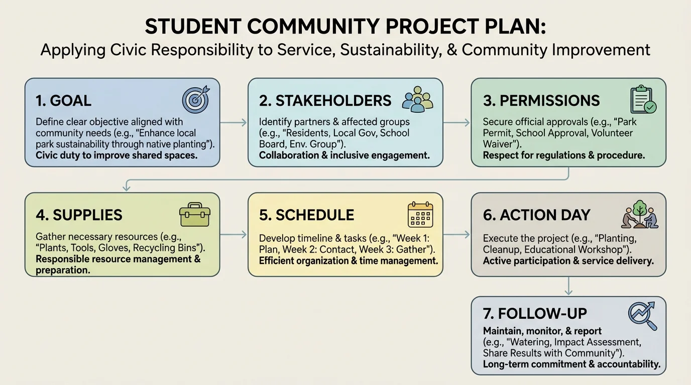 student community project plan with boxes for goal, stakeholders, permissions, supplies, schedule, action day, and follow-up