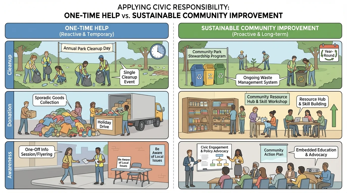 side-by-side comparison of one-time help versus sustainable community improvement for cleanup, donation, and awareness efforts