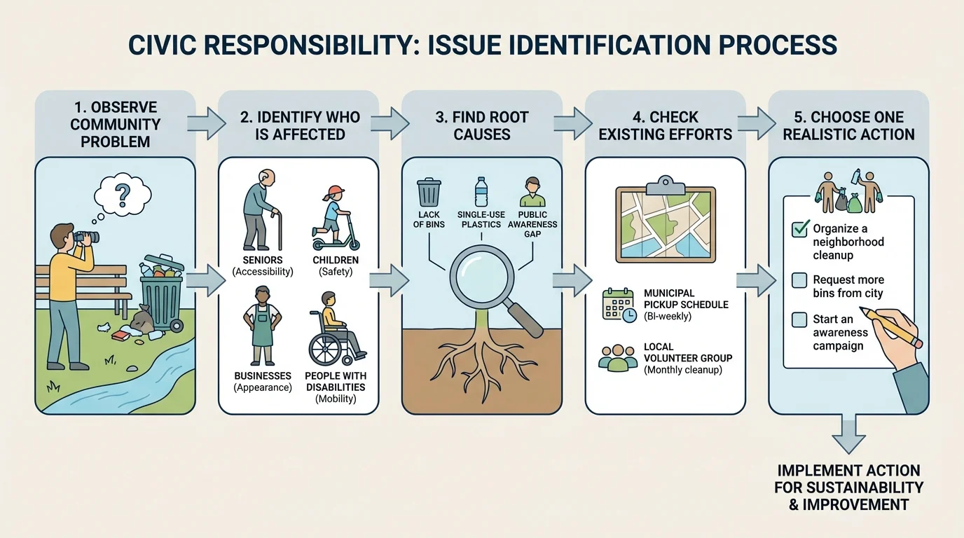 issue identification process showing observation of a community problem, identifying who is affected, finding root causes, checking existing efforts, and choosing one realistic action