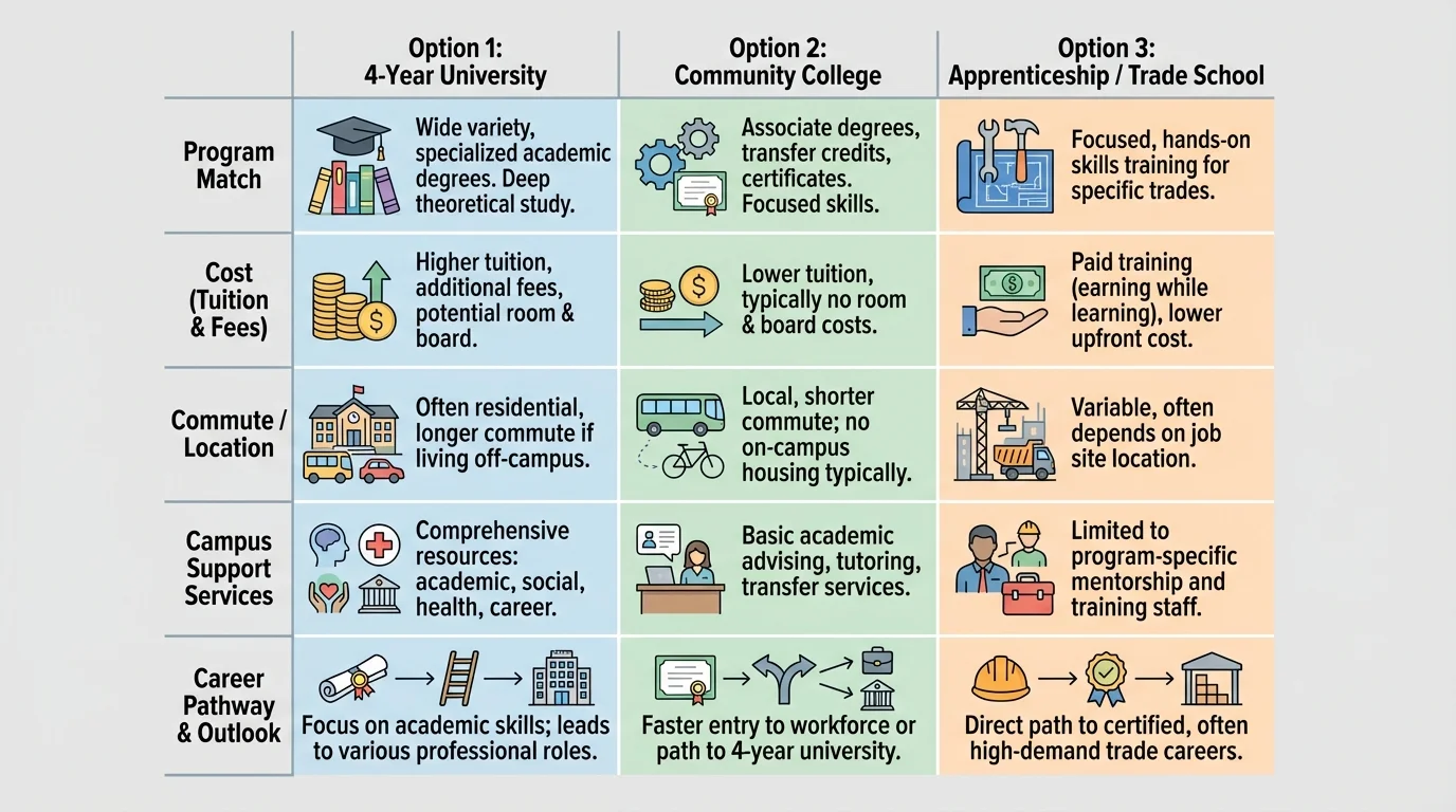 chart comparing three post-secondary options across program match, cost, commute, campus support, and career pathway