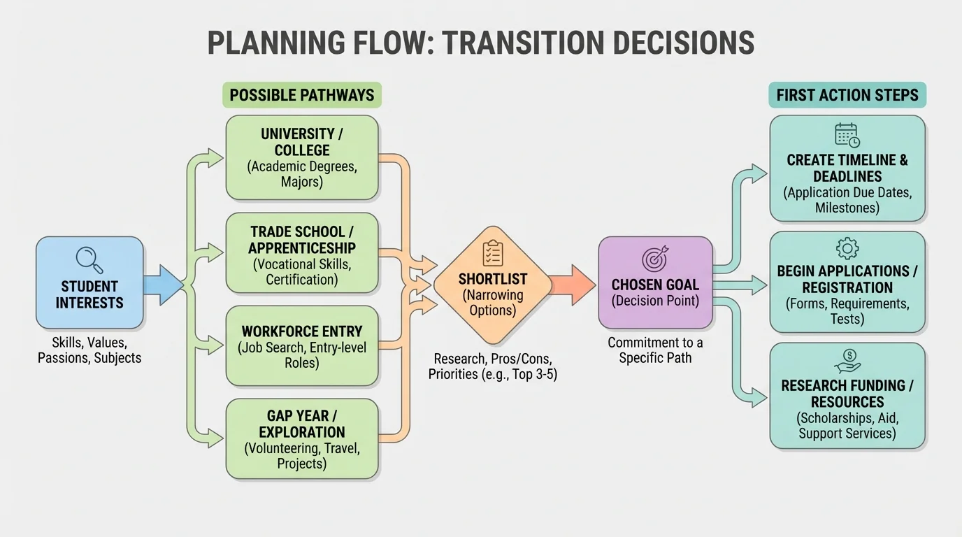 flowchart showing student interests, possible pathways, shortlist, chosen goal, and first action steps