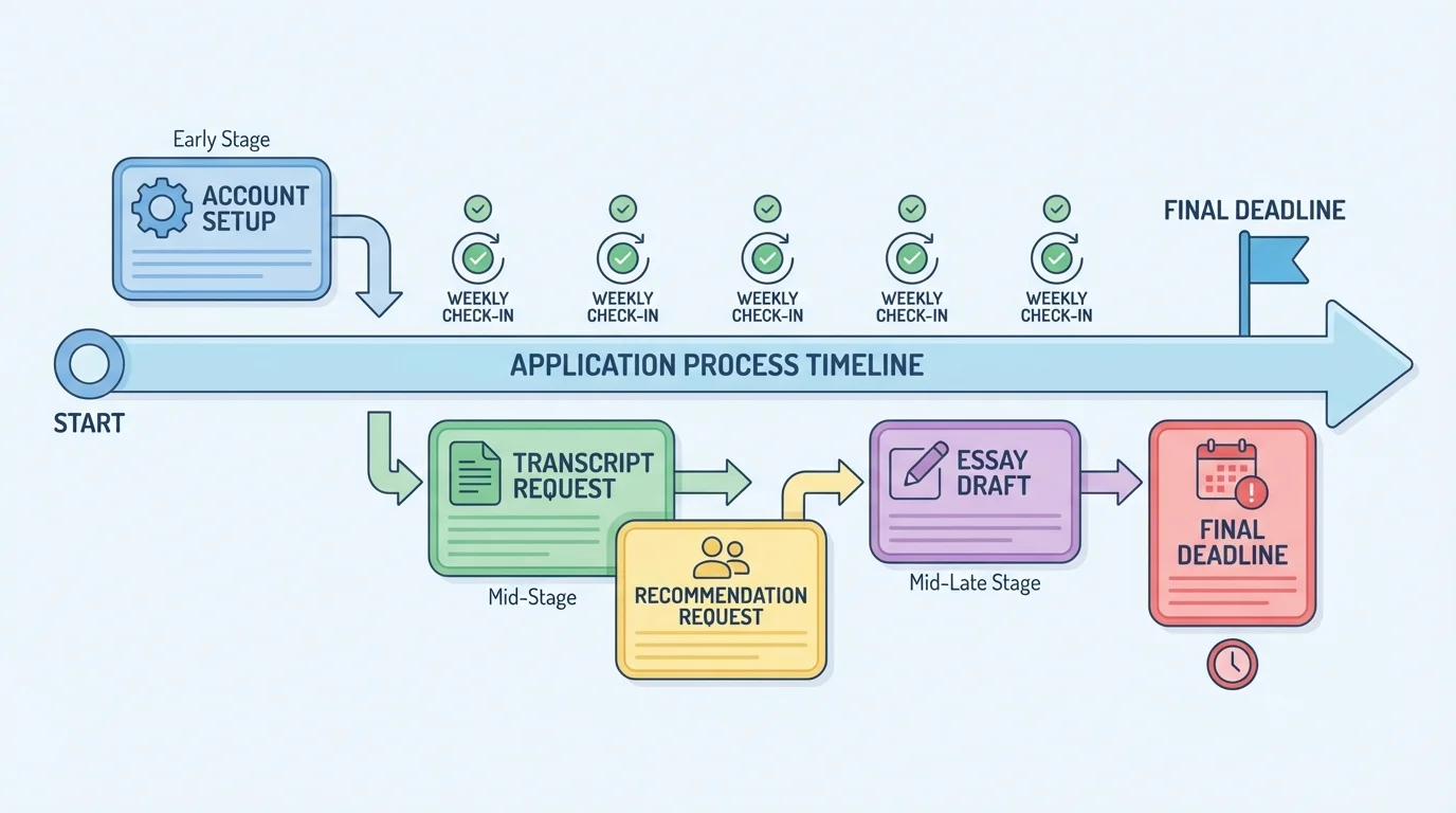 timeline of application process with final deadline, essay draft, recommendation request, transcript request, account setup, and weekly check-ins