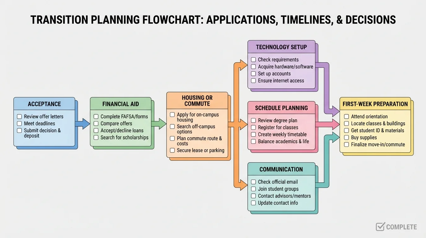 flowchart checklist with acceptance, financial aid, housing or commute, technology setup, schedule planning, communication, and first-week preparation