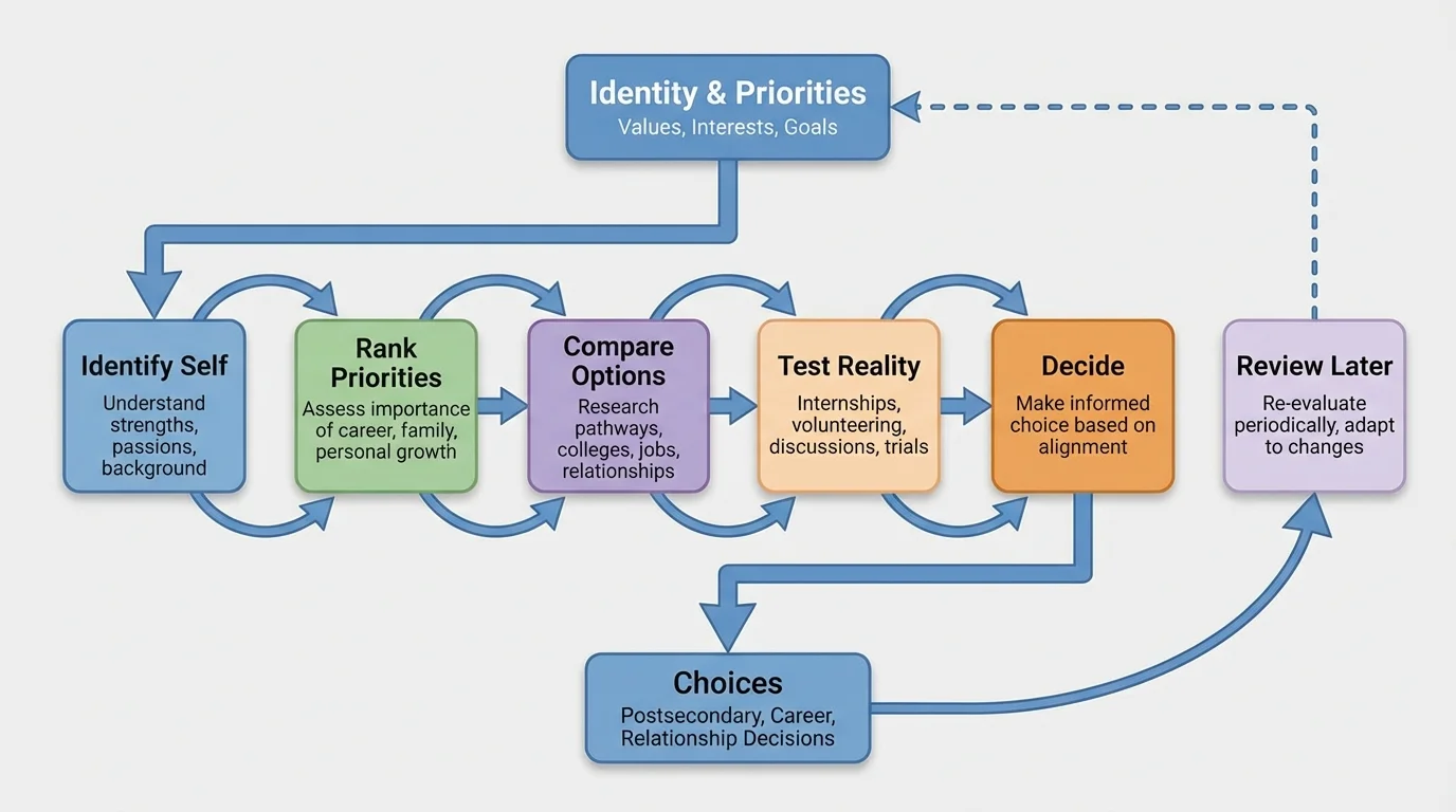 flowchart with decision steps identify self, rank priorities, compare options, test reality, decide, and review later
