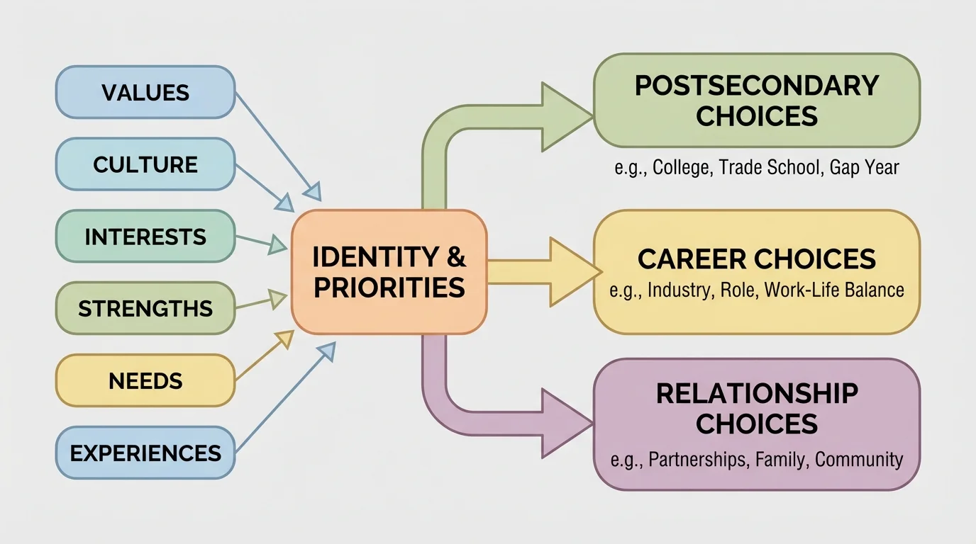 flowchart showing identity factors such as values, culture, interests, strengths, needs, and experiences leading into major life decisions