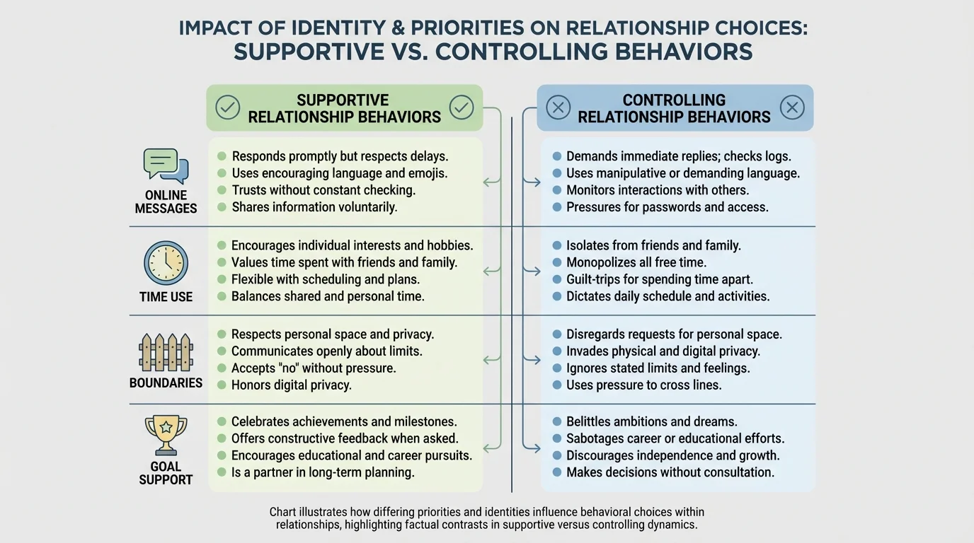 chart contrasting supportive relationship behaviors and controlling relationship behaviors in online messages, time use, boundaries, and goal support