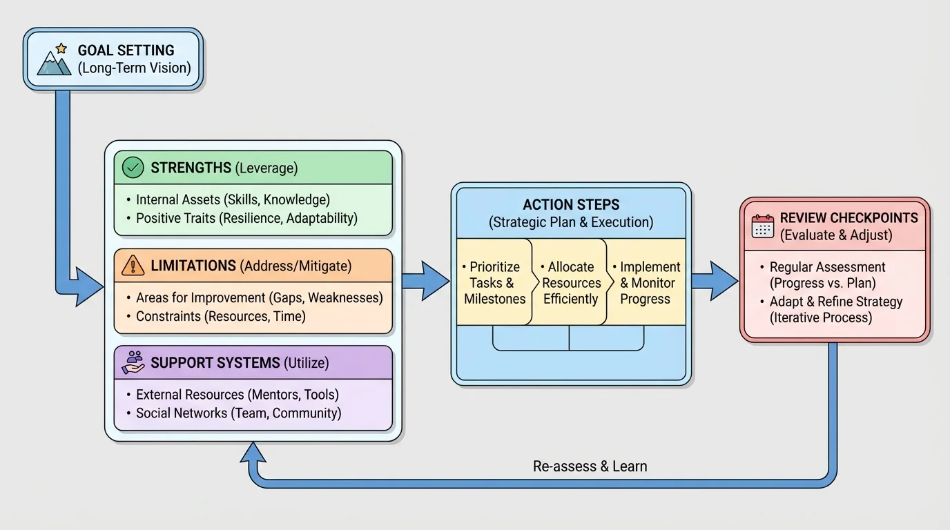 Flowchart for long-term planning from goal to strengths, limitations, supports, action steps, and review checkpoints