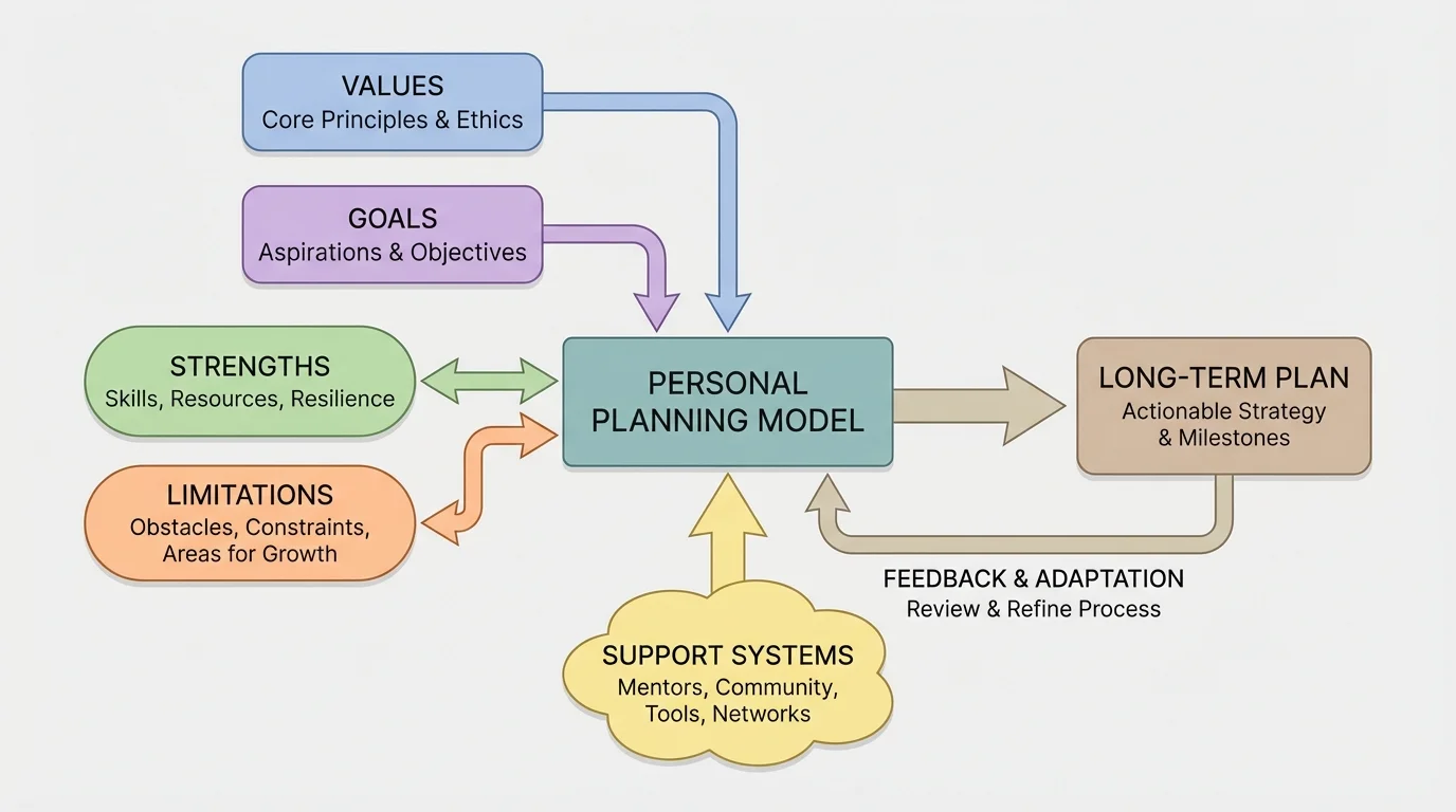 Flowchart showing strengths, limitations, values, and goals connected in a personal planning model