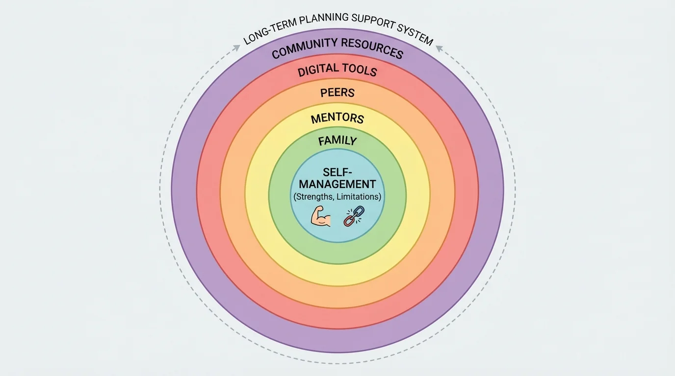 Diagram of concentric circles showing personal support system layers: self-management, family, mentors, peers, digital tools, community resources