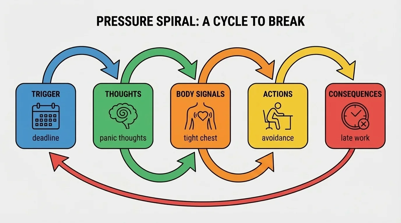 flowchart showing a pressure spiral from trigger to thoughts to body signals to actions to consequences, with simple labels like deadline, panic thoughts, tight chest, avoidance, late work