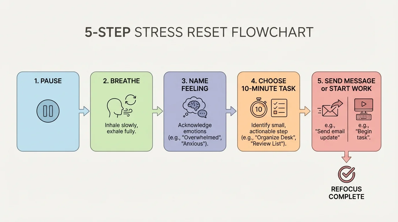 five-step stress reset flowchart with boxes pause, breathe, name feeling, choose 10-minute task, send message or start work