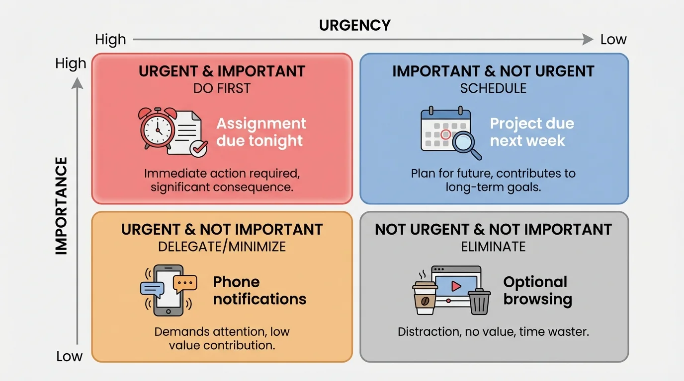 four-quadrant priority matrix labeled urgent-important, important-not urgent, urgent-not important, neither, with sample tasks like assignment due tonight, project due next week, phone notifications, optional browsing