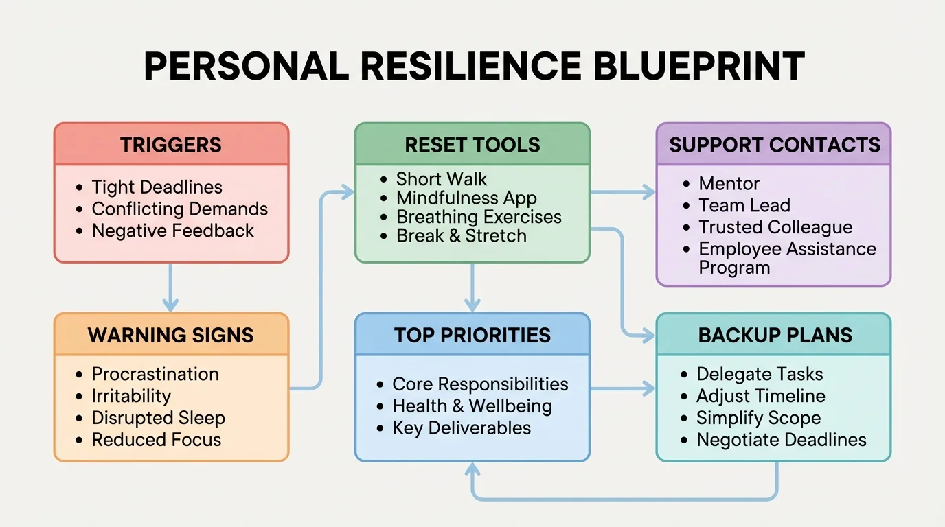 one-page personal resilience blueprint template with labeled boxes for triggers, warning signs, reset tools, top priorities, support contacts, and backup plans