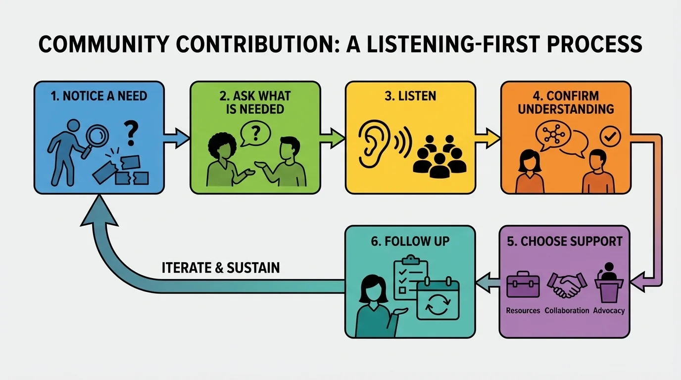 listening-first process with boxes and arrows for notice a need, ask what is needed, listen, confirm understanding, choose support, follow up