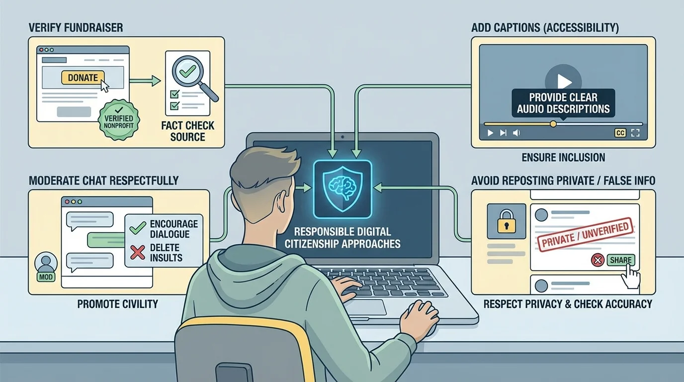 student using a laptop with split-scene examples of responsible online community support such as verifying a fundraiser, moderating a chat respectfully, adding captions, and avoiding reposting private or false information