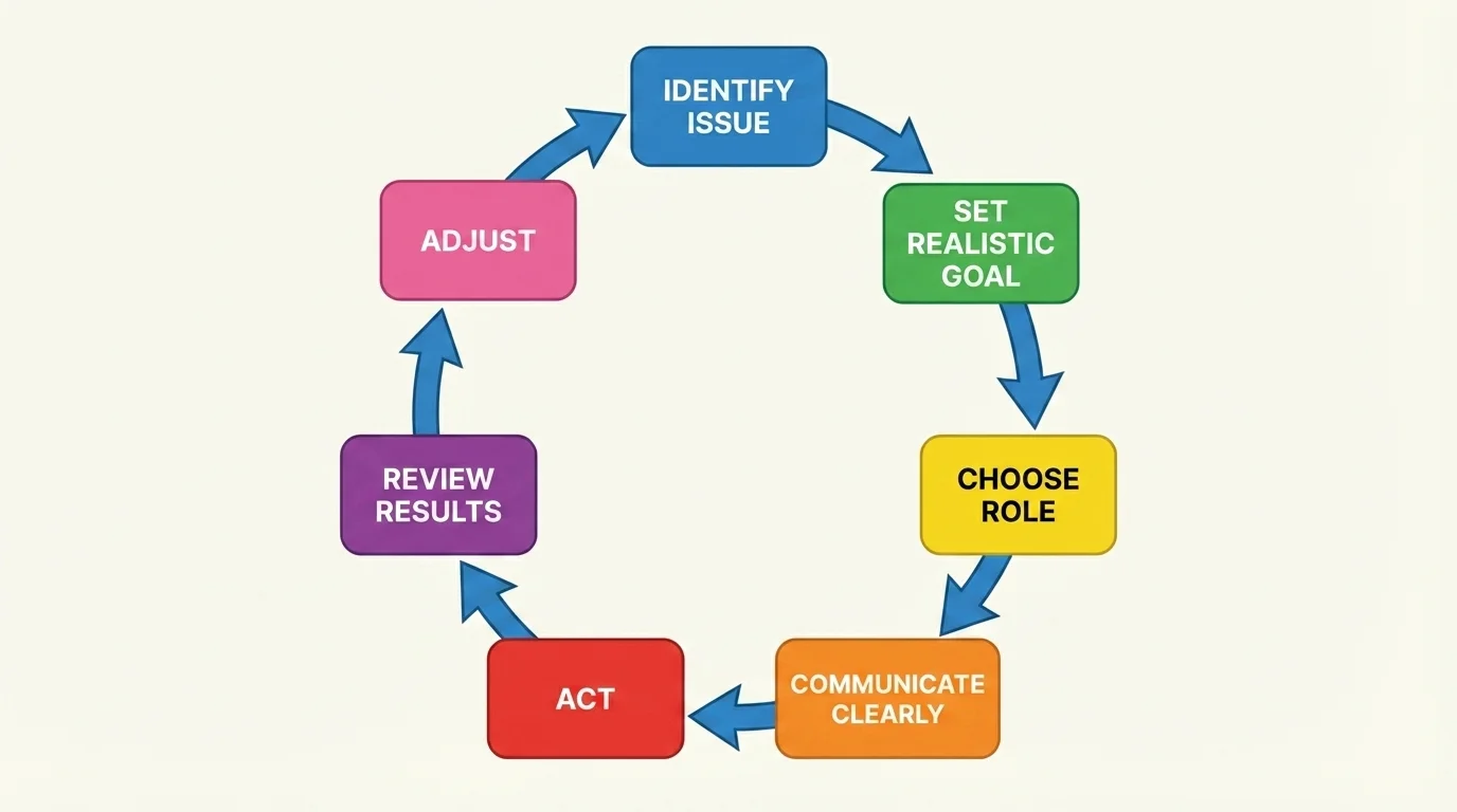 action cycle with boxes for identify issue, set realistic goal, choose role, communicate clearly, act, review results, adjust
