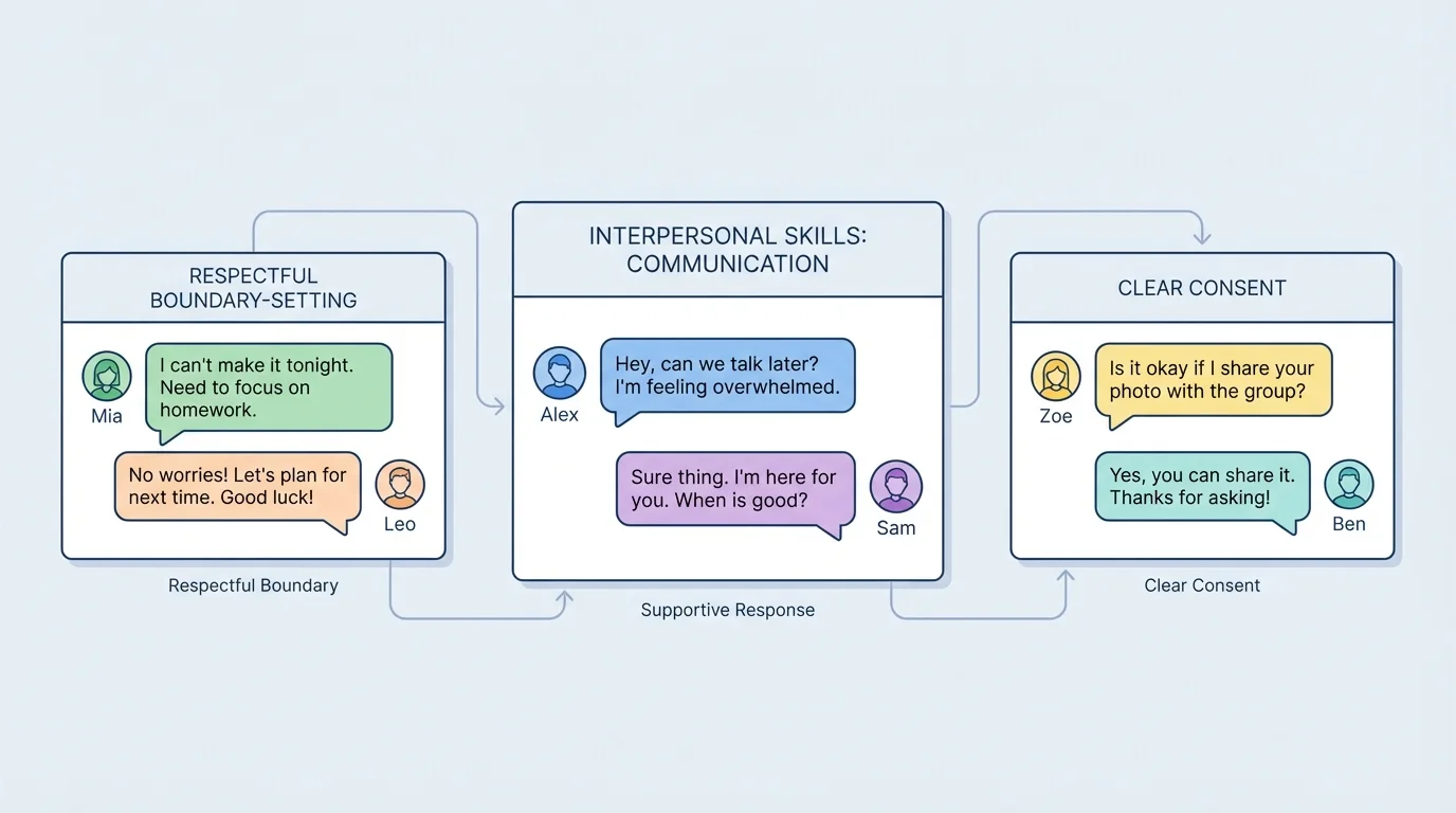 illustration of a text-message exchange showing respectful boundary-setting, clear consent, and supportive responses between teens