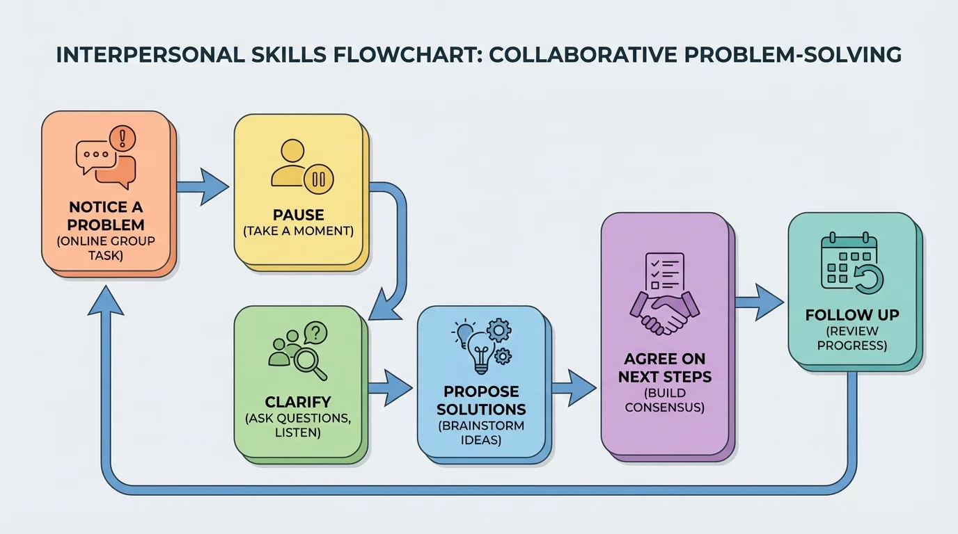flowchart of noticing a problem, pausing, clarifying, proposing solutions, agreeing on next steps, and following up in an online group task