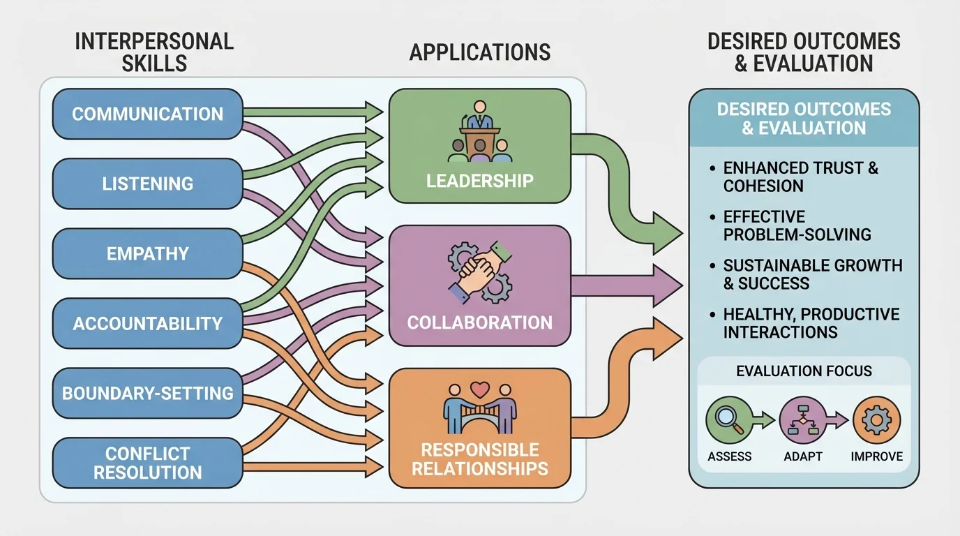 chart showing communication, listening, empathy, accountability, boundary-setting, and conflict resolution linked to leadership, collaboration, and relationships