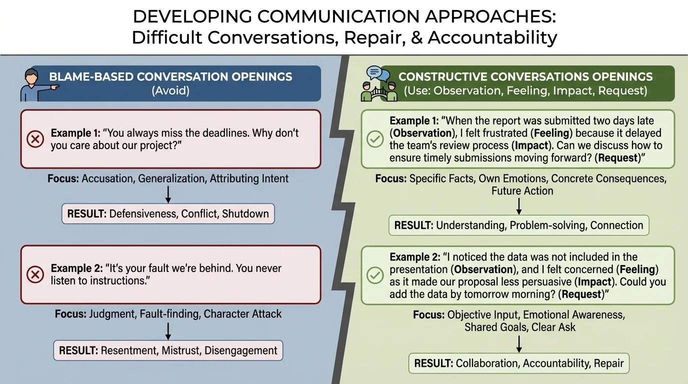 Chart comparing blame-based conversation openings with constructive openings using observation, feeling, impact, and request