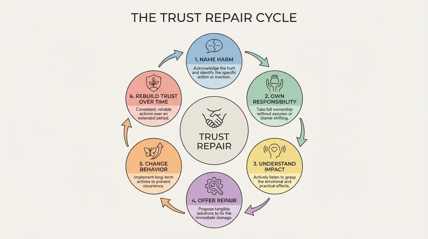 Diagram showing the trust repair cycle: name harm, own responsibility, understand impact, offer repair, change behavior, rebuild trust over time