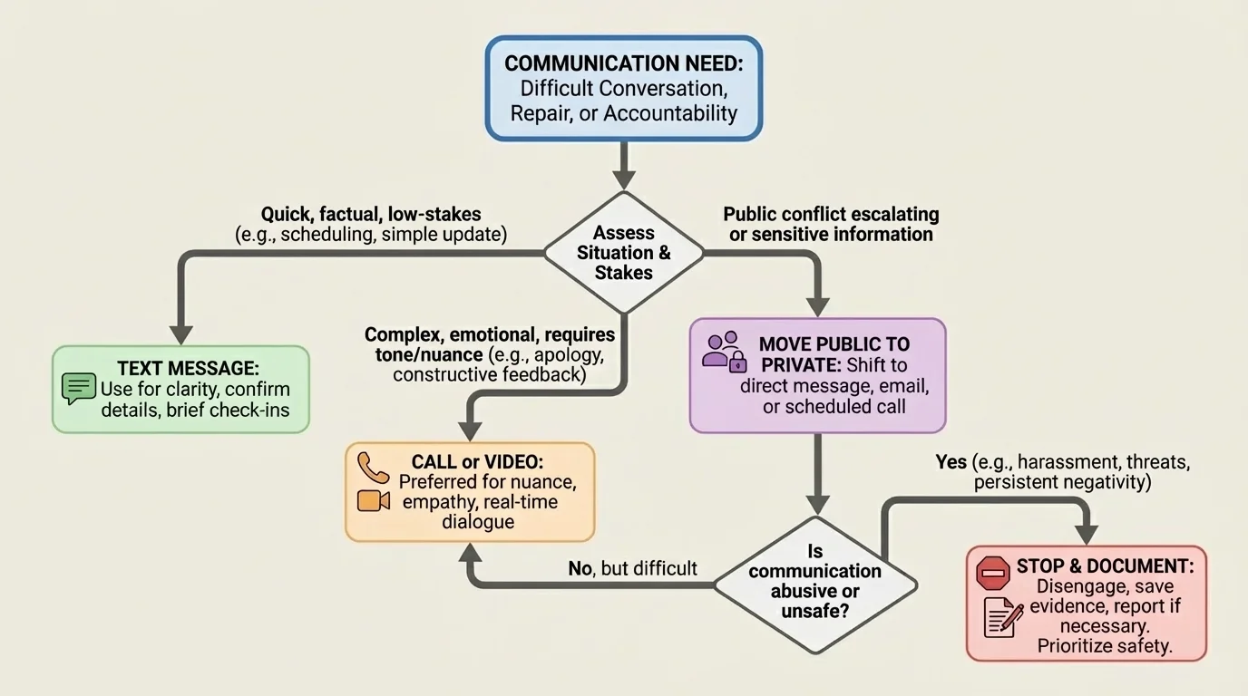 Flowchart showing when to use text, call, video, move public conflict to private, or stop and document abusive online communication