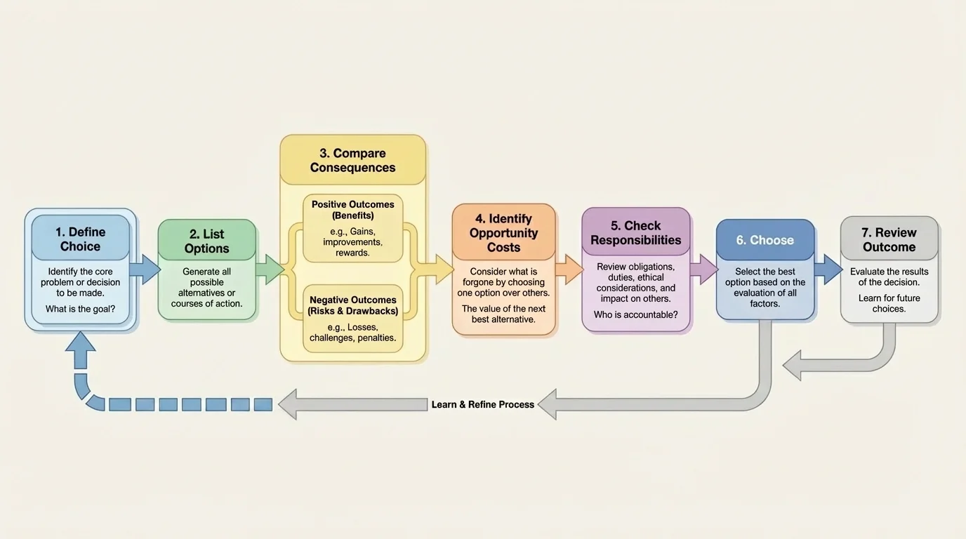 flowchart showing decision steps: define choice, list options, compare consequences, identify opportunity costs, check responsibilities, choose, review outcome