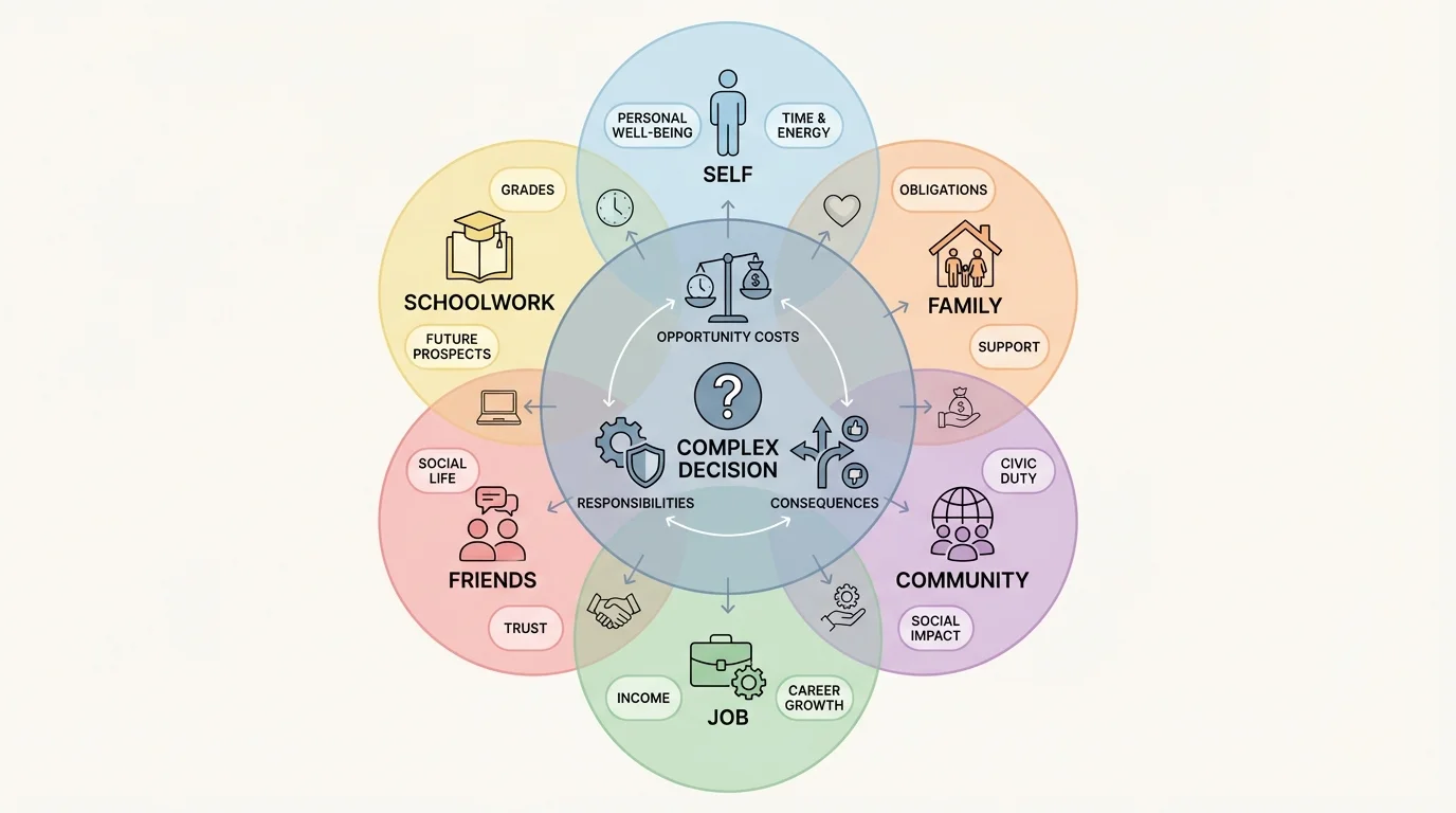 diagram with overlapping circles labeled self, family, schoolwork, job, friends, and community around a central decision