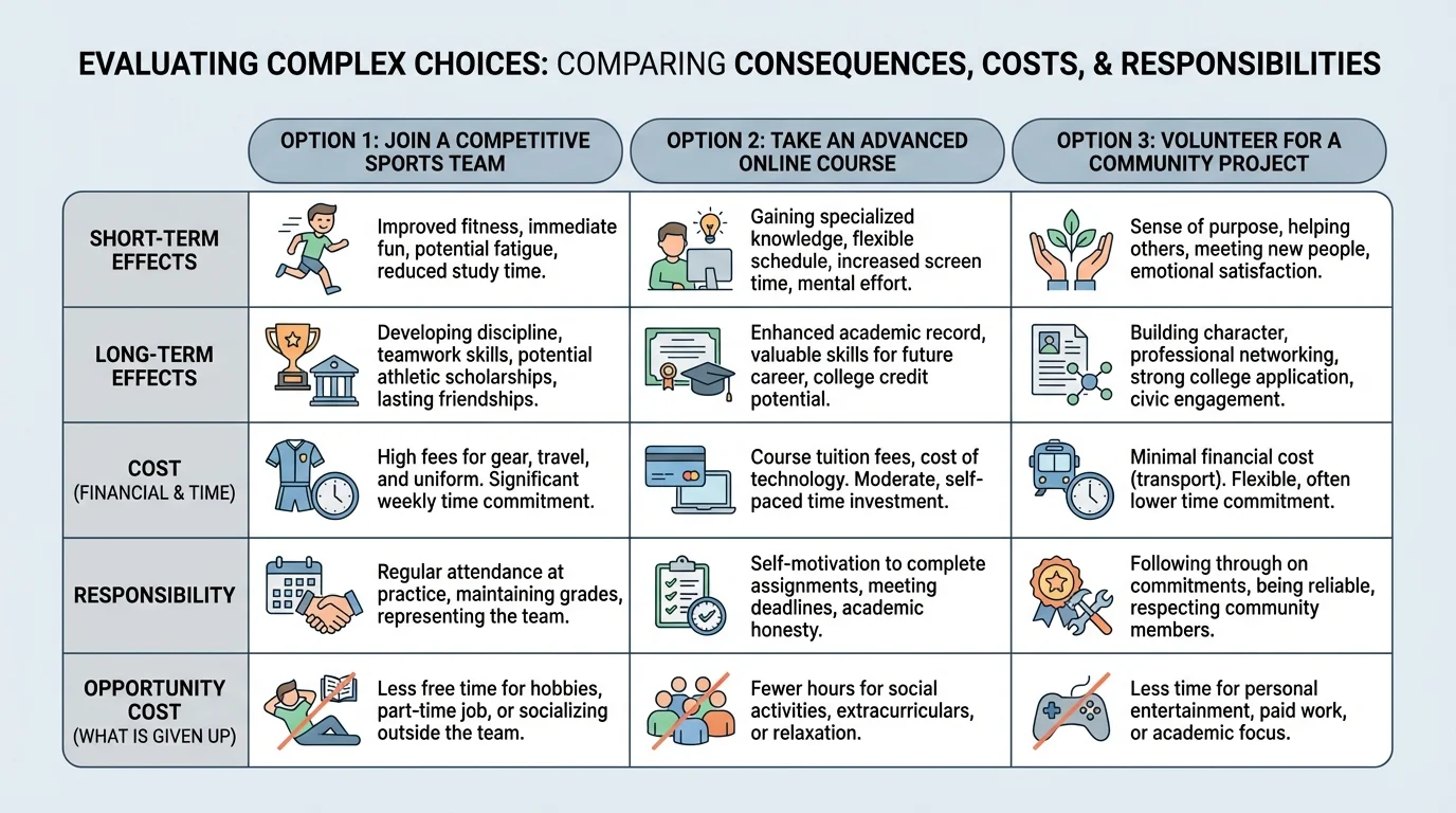 chart comparing three options for a student decision with rows for short-term effects, long-term effects, cost, responsibility, and opportunity cost
