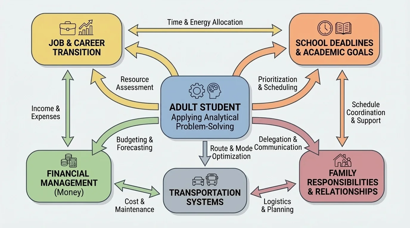 flowchart showing a student balancing job, transportation, money, school deadlines, and family responsibilities with arrows connecting each factor