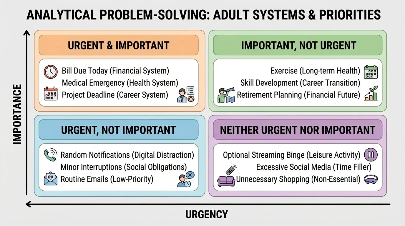 chart with four quadrants labeled urgent and important, important not urgent, urgent not important, neither, with examples such as bill due today, exercise, random notifications, optional streaming binge