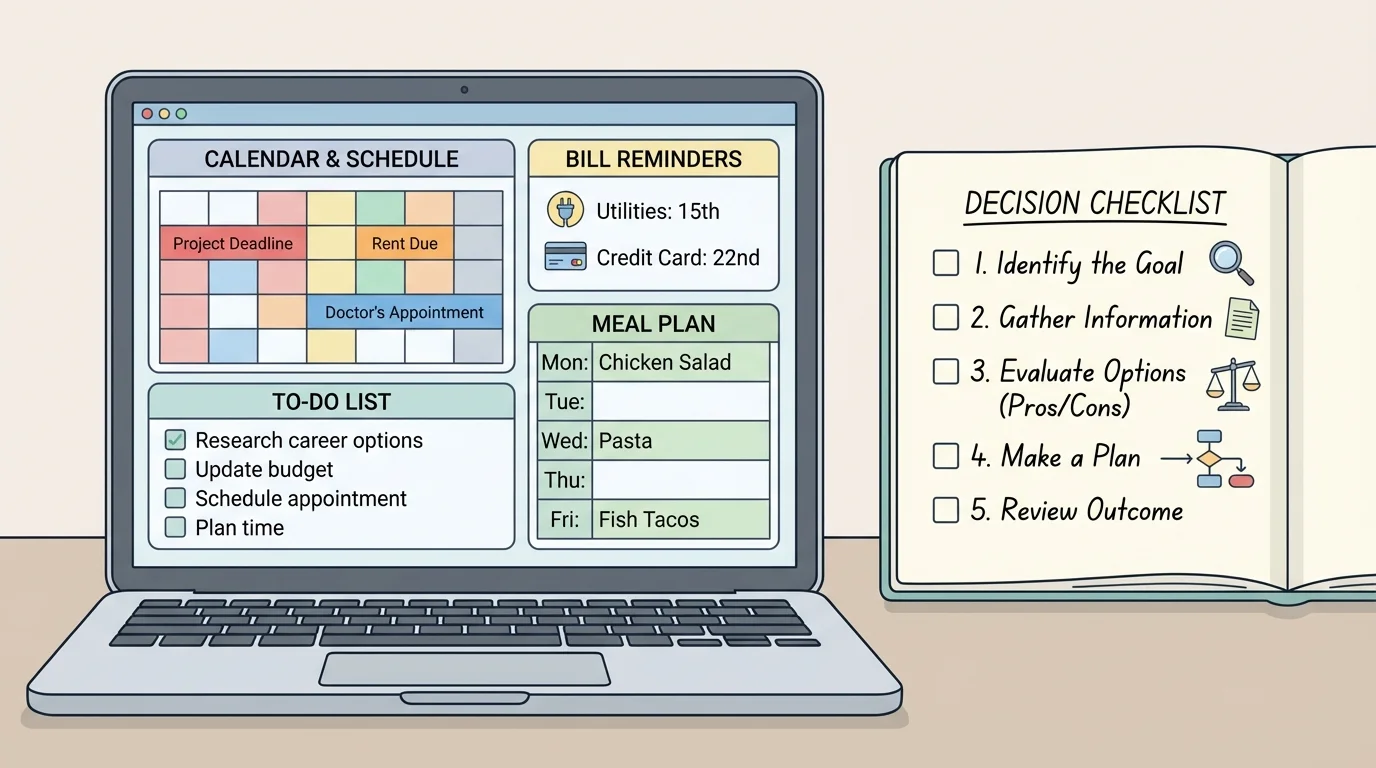 illustration of a laptop screen and notebook showing calendar, to-do list, bill reminders, meal plan, and decision checklist