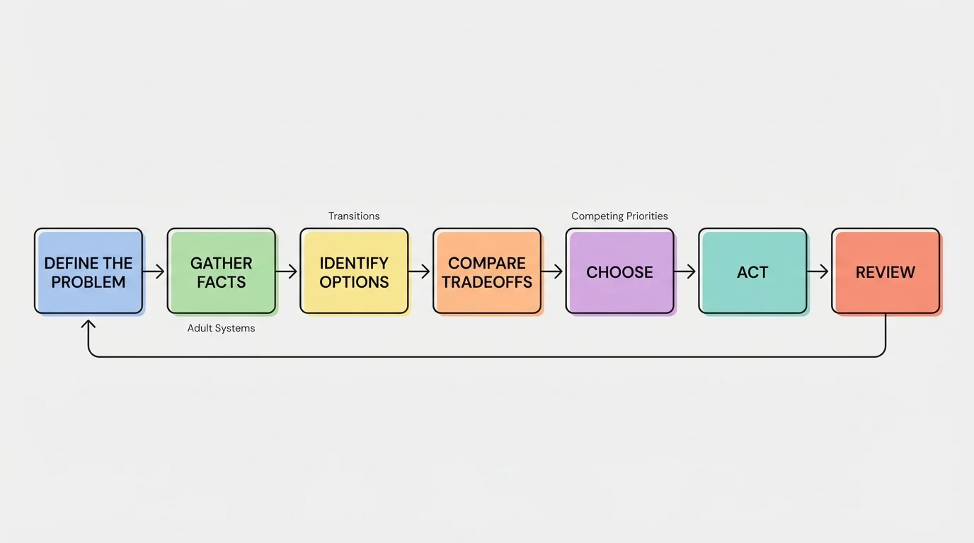 flowchart with boxes labeled define the problem, gather facts, identify options, compare tradeoffs, choose, act, review