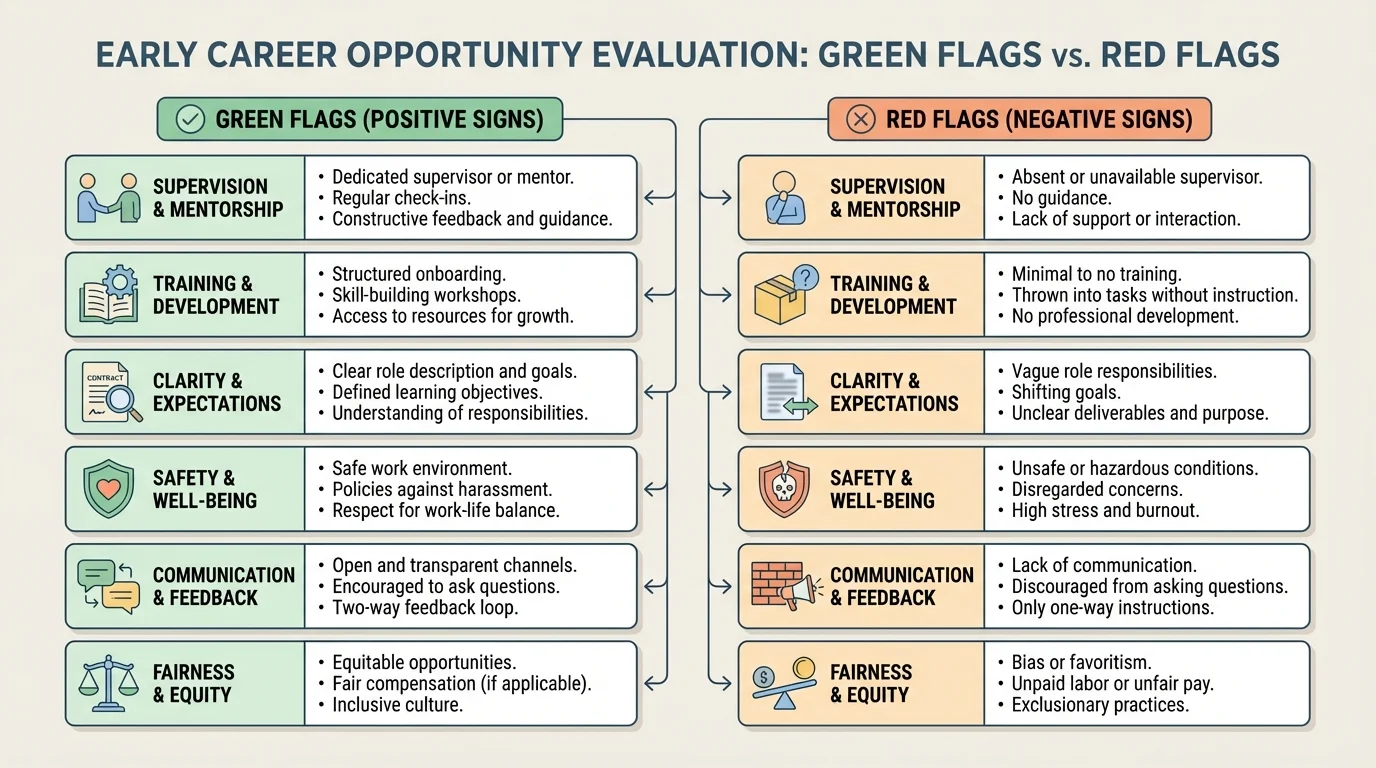Comparison chart of green flags versus red flags in early career opportunities, including supervision, training, clarity, safety, communication, and fairness