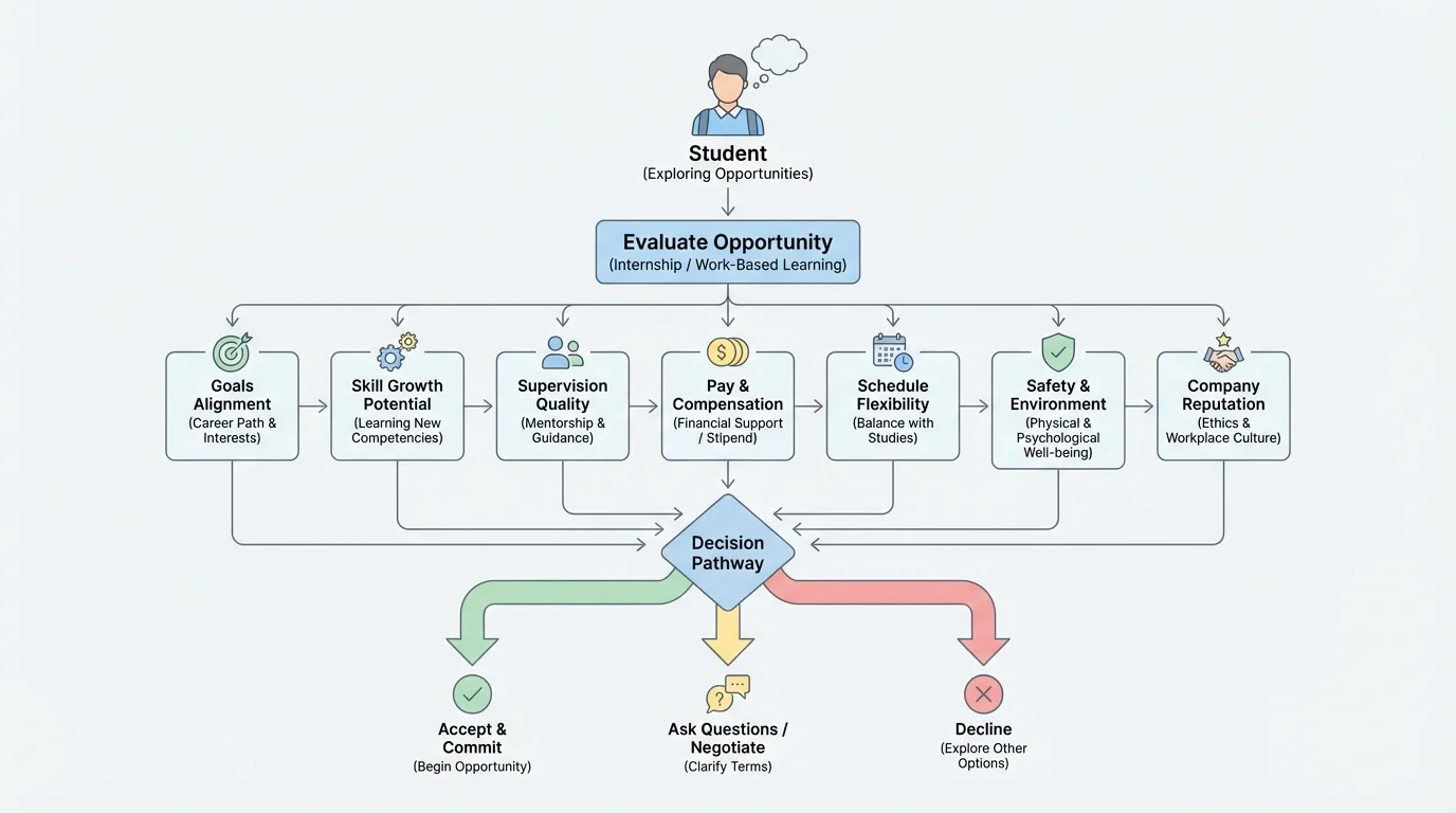 Flowchart showing a student evaluating an early career opportunity through goals, skill growth, supervision, pay, schedule, safety, and reputation, leading to accept, ask questions, or decline