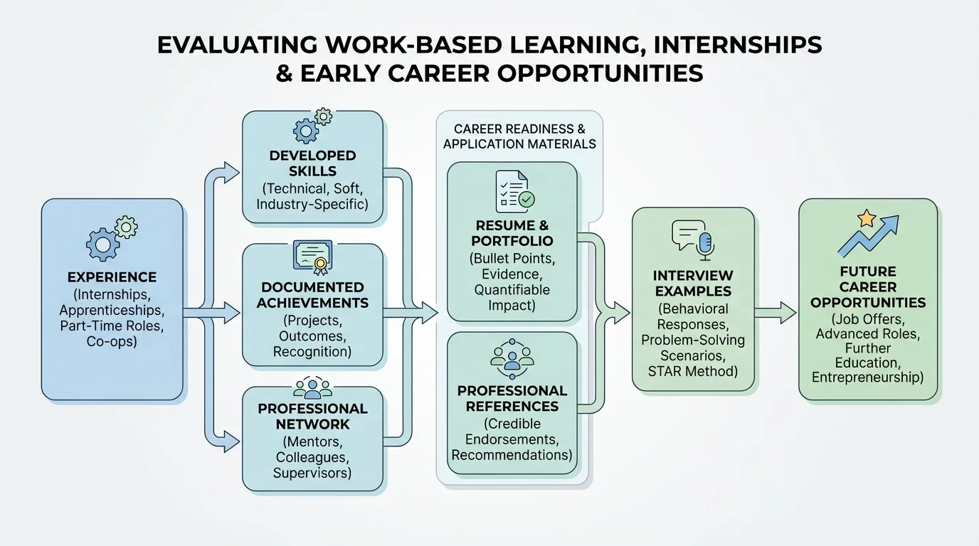 Flowchart showing experience leading to skills, documented achievements, resume bullet points, references, interview examples, and future career opportunities