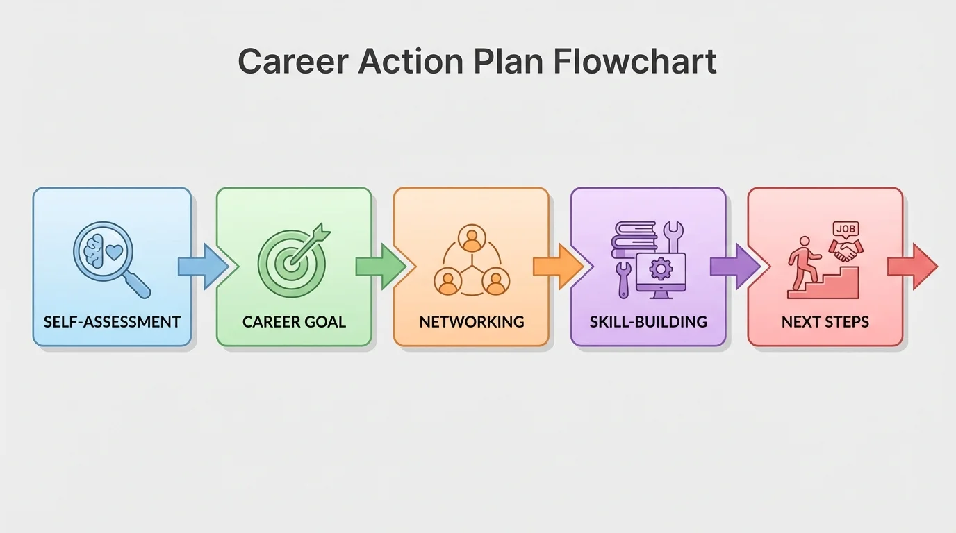 Flowchart of a career action plan with boxes labeled self-assessment, career goal, networking, skill-building, and next steps connected by arrows