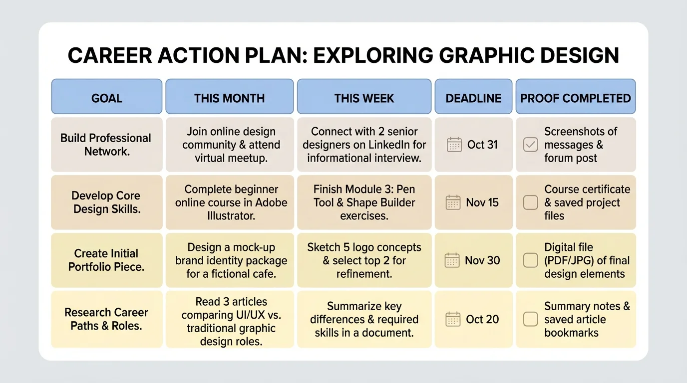 Action-plan chart with columns for goal, this month, this week, deadline, and proof completed, filled with sample tasks for a student exploring graphic design
