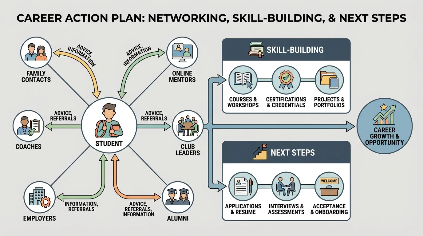 Network map with a student in the center connected to family contacts, coaches, online mentors, club leaders, employers, and alumni, with labels for advice, referrals, and information