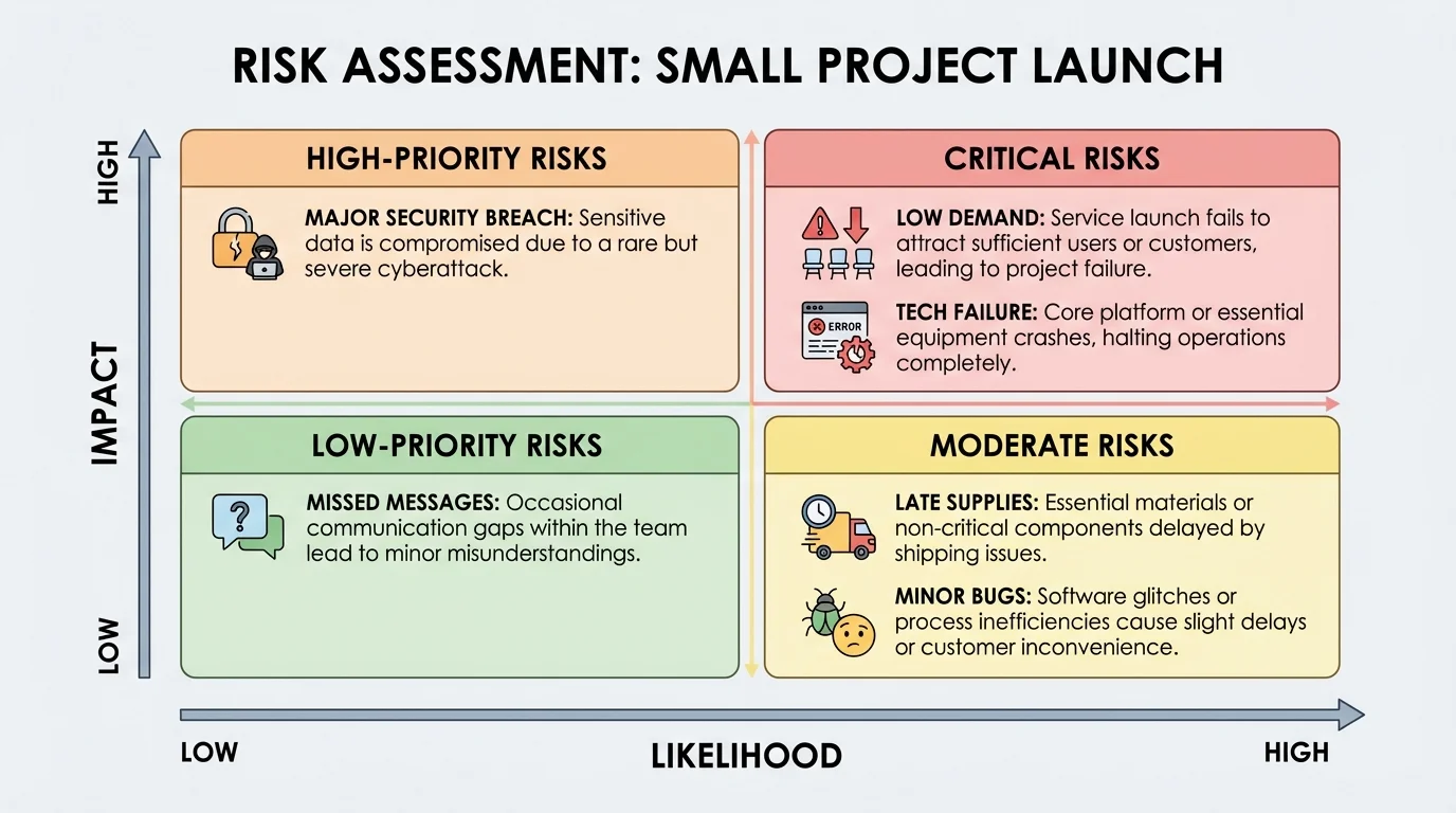 chart with four quadrants for low/high likelihood and low/high impact, filled with sample project risks like late supplies, low demand, missed messages, tech failure
