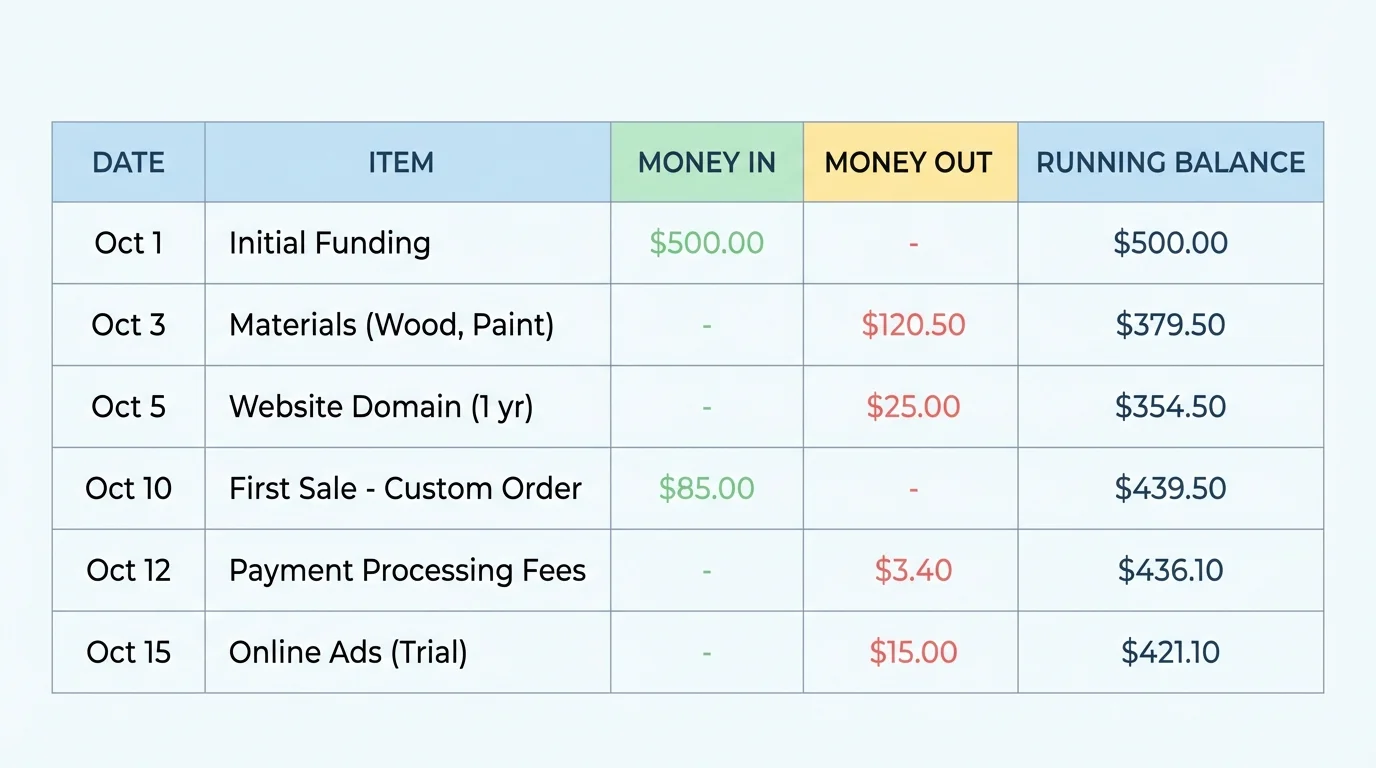 chart showing simple finance tracker with columns for date, item, money in, money out, and running balance
