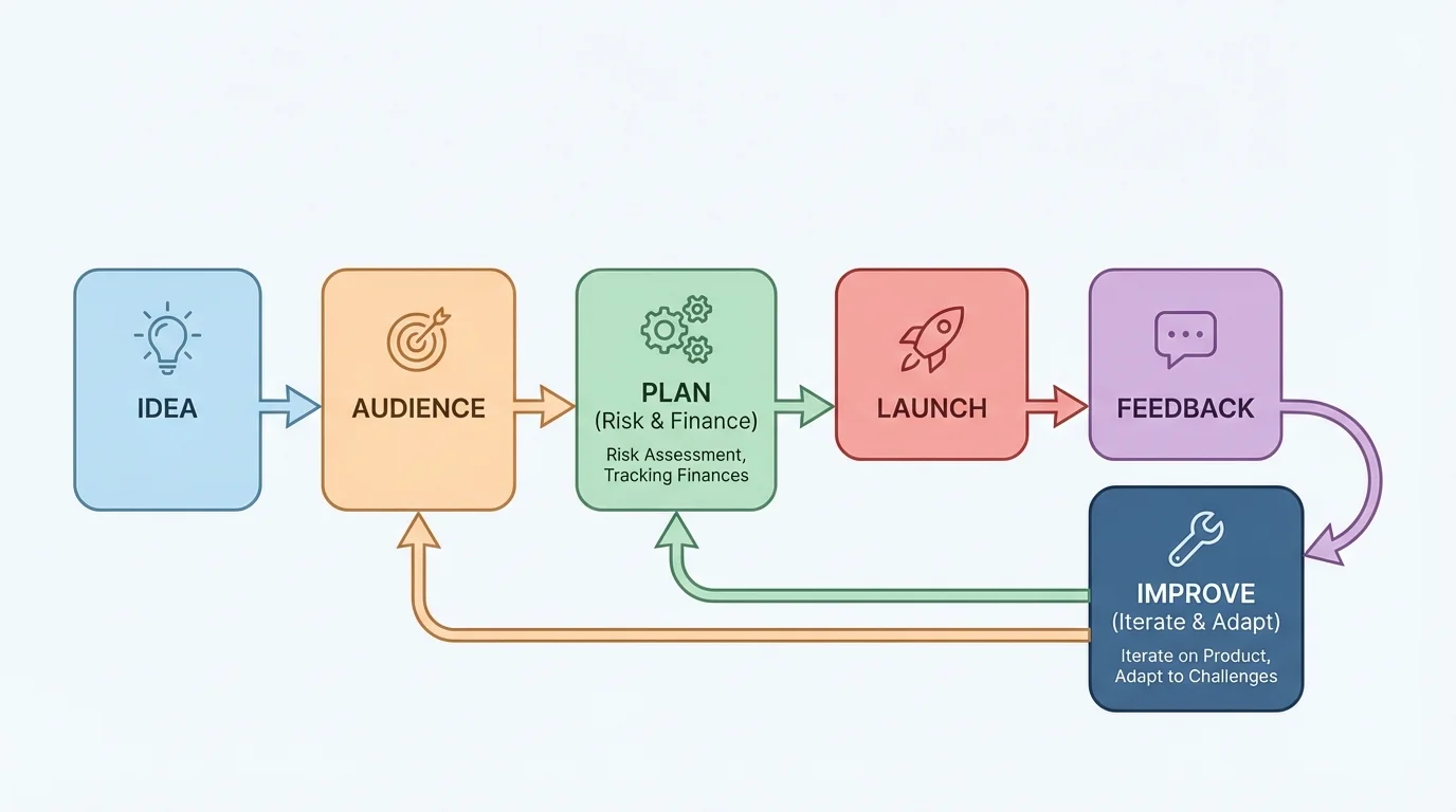flowchart showing small project stages: idea, audience, plan, launch, feedback, improve