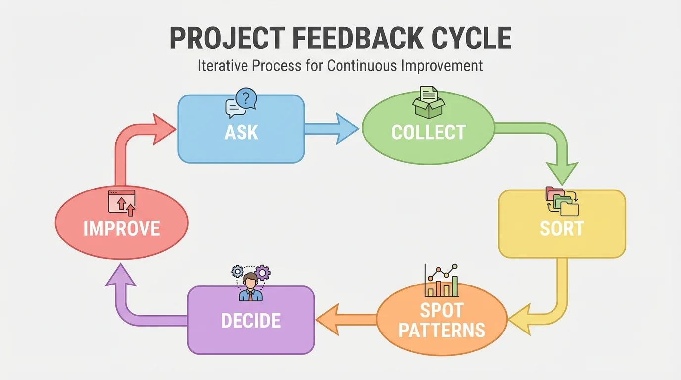 flowchart showing feedback cycle: ask, collect, sort, spot patterns, decide, improve, ask again